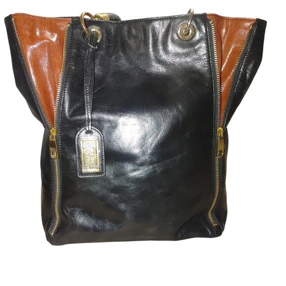 Badgley Mischka Expandable Black Leather Bucket Bag Tote Shopper Mayra Shine - Picture 13 of 16